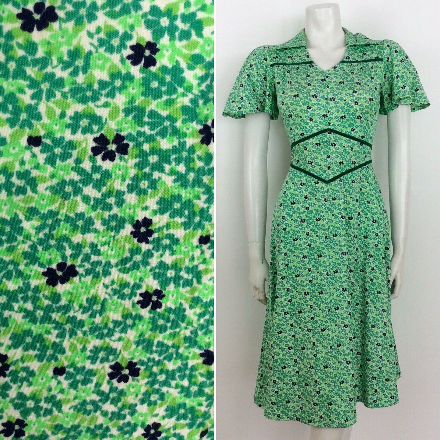 VINTAGE 60s 70s DITSY FLORAL DRESS FLUTTER SLEEVE GREEN BLUE WHITE 8 10