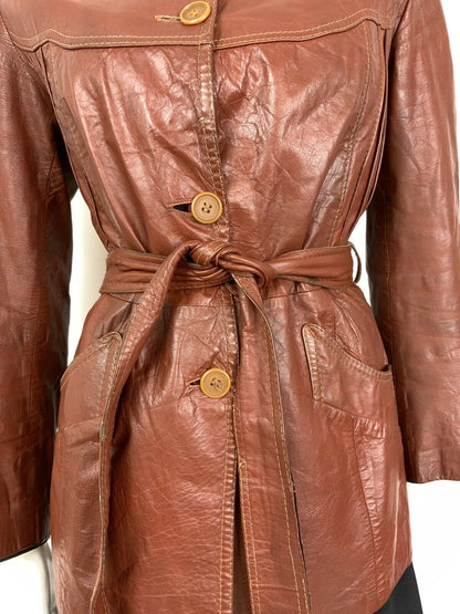 VINTAGE 60s 70s BROWN RED BELTED MOD LEATHER JACKET 12 14