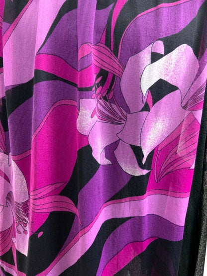 VINTAGE 70s 80s BLACK PURPLE PINK PSYCHEDELIC SWIRL LILY SHEER MIDI DRESS 10 12