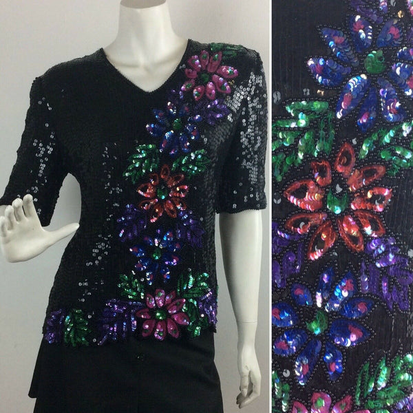 VINTAGE 80S SEQUIN BLACK PINK PURPLE, GREEN BLUE FLOWER TOP 10 12