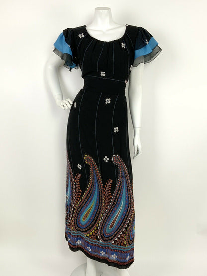 VINTAGE 60s 70s BLACK BLUE RED WHITE FLORAL PAISLEY GYPSY FOLK MAXI DRESS 12 14