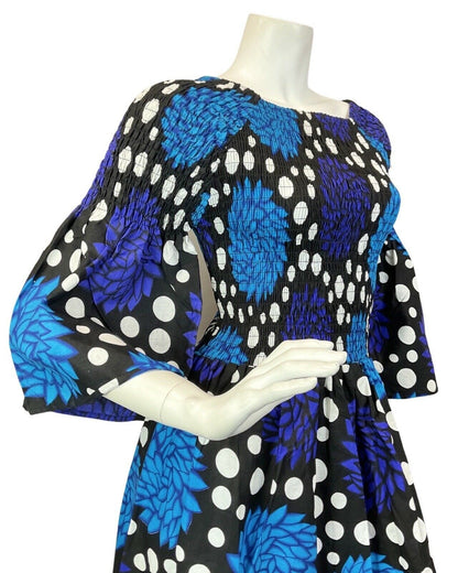 VINTAGE 70s BLUE BLACK WHITE POLKA-DOT FLORAL SHIRRED PSYCHEDELIC MAXI DRESS 6 8