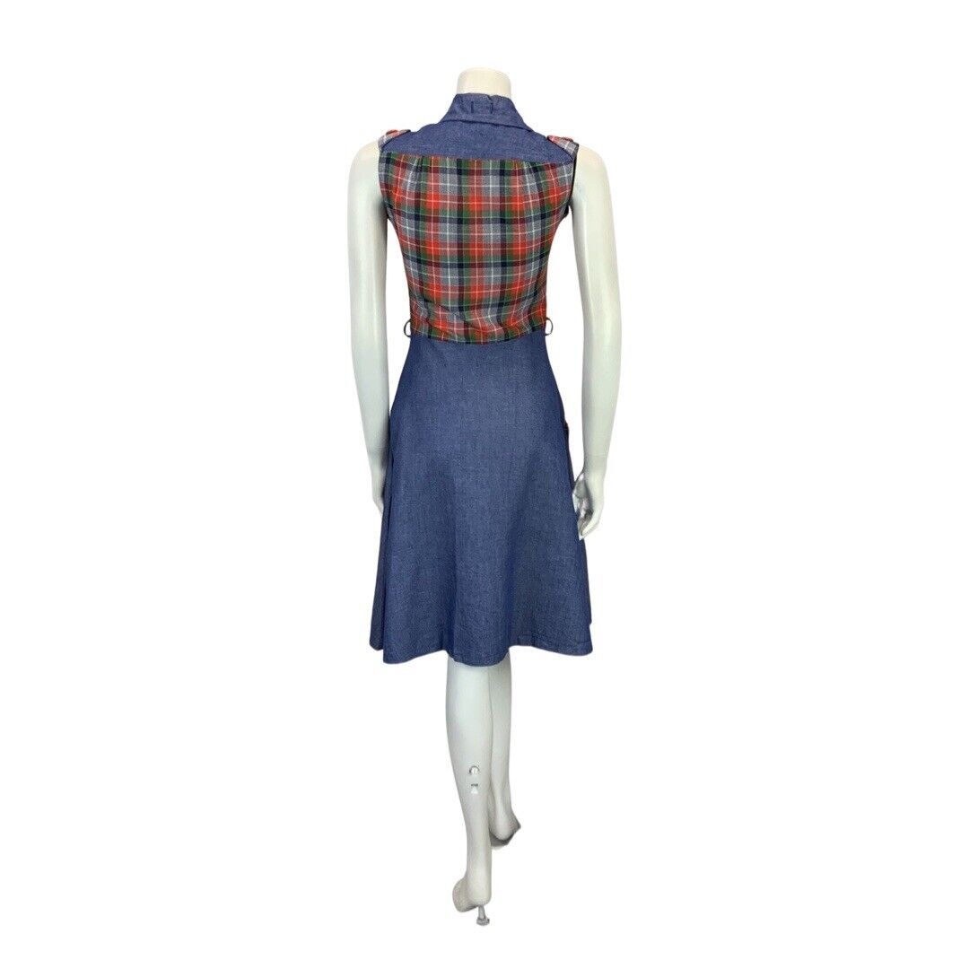 VINTAGE 60s 70s BLUE DENIM RED GREEN NAVY CHECKED BUTTON DOWN SHIRT MIDI DRESS 8