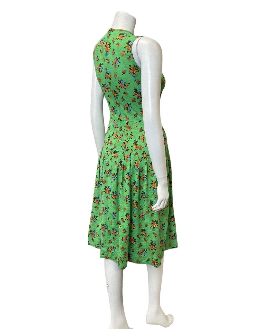 VINTAGE 60s 70s GREEN ORANGE BLUE FLORAL SLEEVELESS PLEATED SWING MIDI DRESS 8