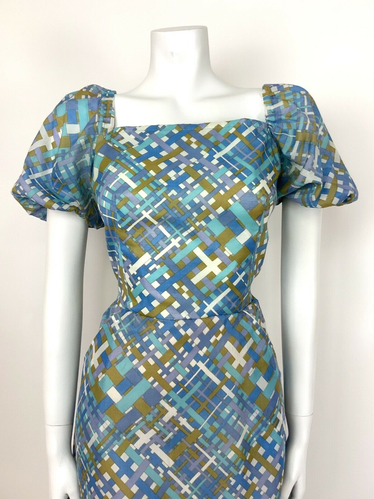 VTG 60s GEOMETRIC CRISS CROSS BLUE GOLD WHITE 10