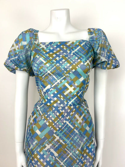 VTG 60s GEOMETRIC CRISS CROSS BLUE GOLD WHITE 10