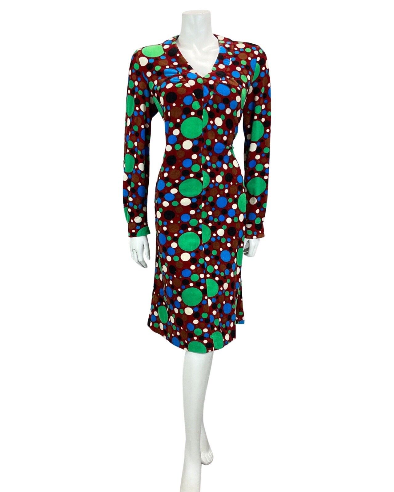 VTG 60S 70S BURGUNDY GREEN BLUE BLACK SPOTTY PSYCHEDELIC PRINT MIDI DRESS 12 14