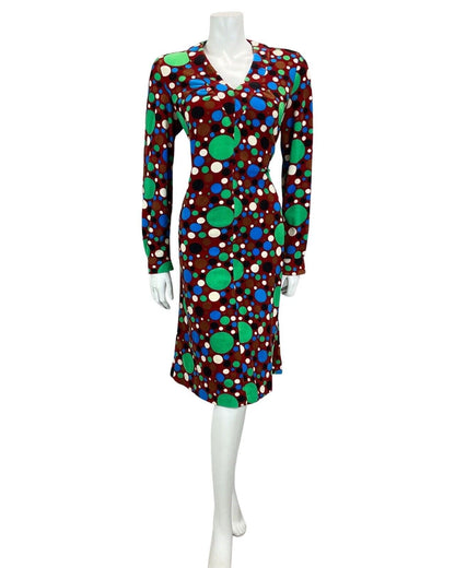 VTG 60S 70S BURGUNDY GREEN BLUE BLACK SPOTTY PSYCHEDELIC PRINT MIDI DRESS 12 14