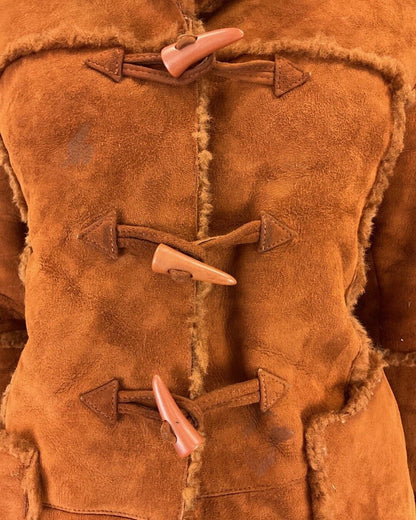 VINTAGE 60s 70s ORANGE RUST BROWN TOGGLE SHORT SHEEPSKIN SHEARLING COAT 10 12