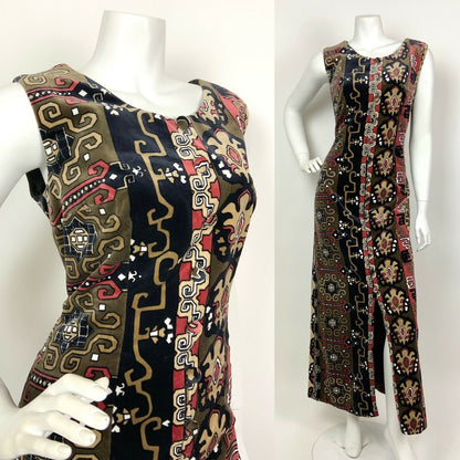 VINTAGE 60s 70s BLACK BROWN RED BEIGE GEOMETRIC AZTEC VELVET MAXI DRESS 10 12