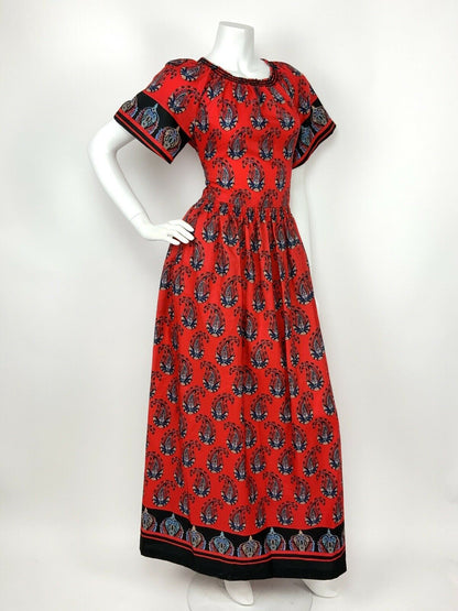 VTG 60s 70s RED NAVY BLUE BEIGE FLORAL PAISLEY PSYCHEDELIC MAXI DRESS 10 12