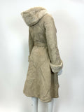 VTG 60s 70s SAND BEIGE SUEDE SHEARLING BELTED HOODED MOD BOHO PRINCESS COAT 8 10