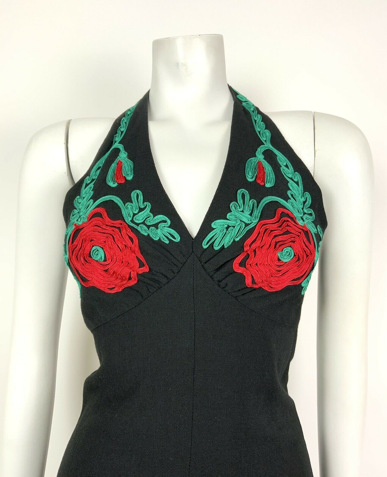 VINTAGE 60s 70s BLACK METALLIC RED GREEN FLORAL ROSE EMBROIDERY HALTER DRESS 6 8