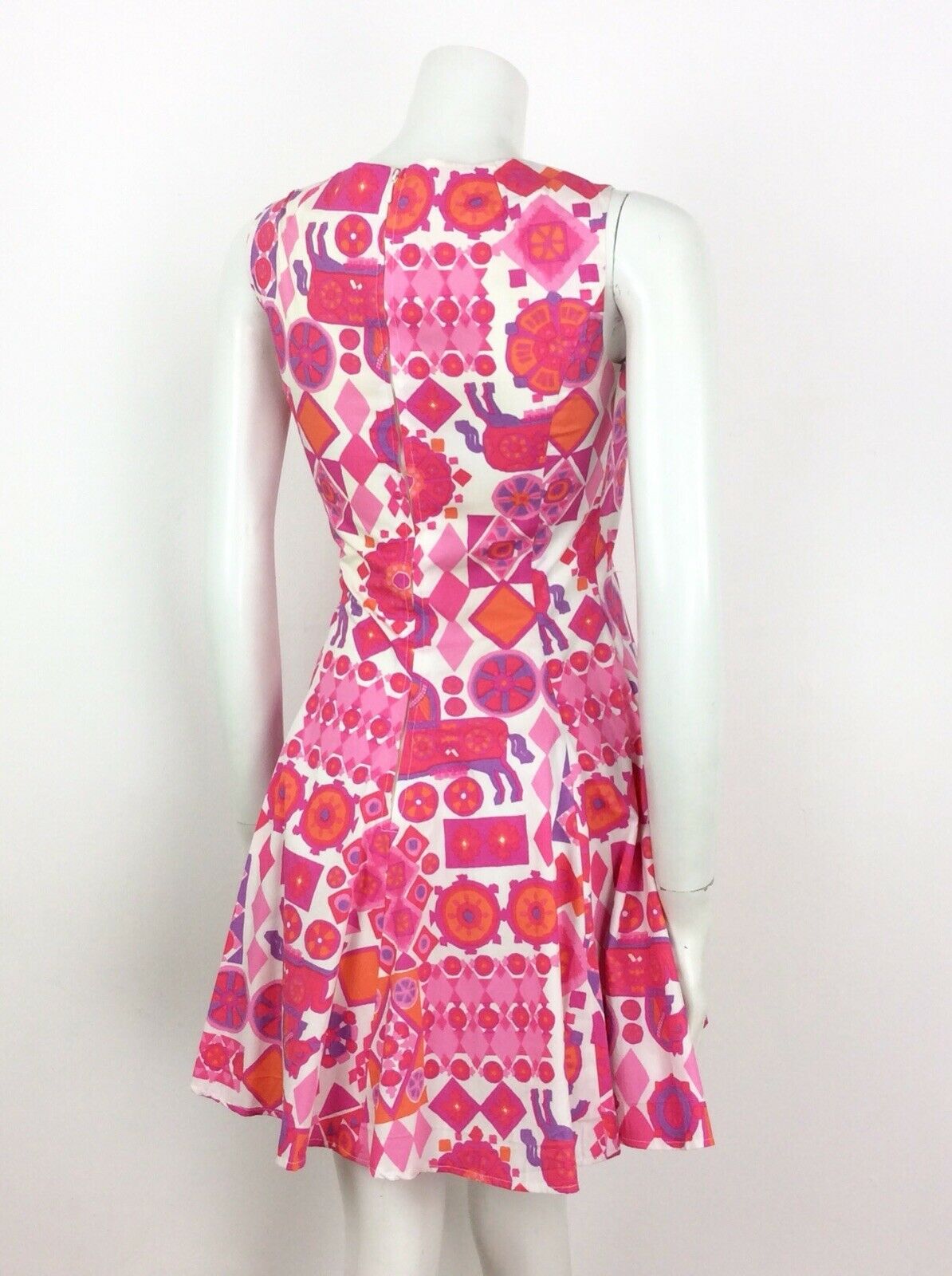 VINTAGE 60S 70S ABSTRACT GEOMETRIC DRESS PINK WHITE PURPLE ORANGE HORSES 6