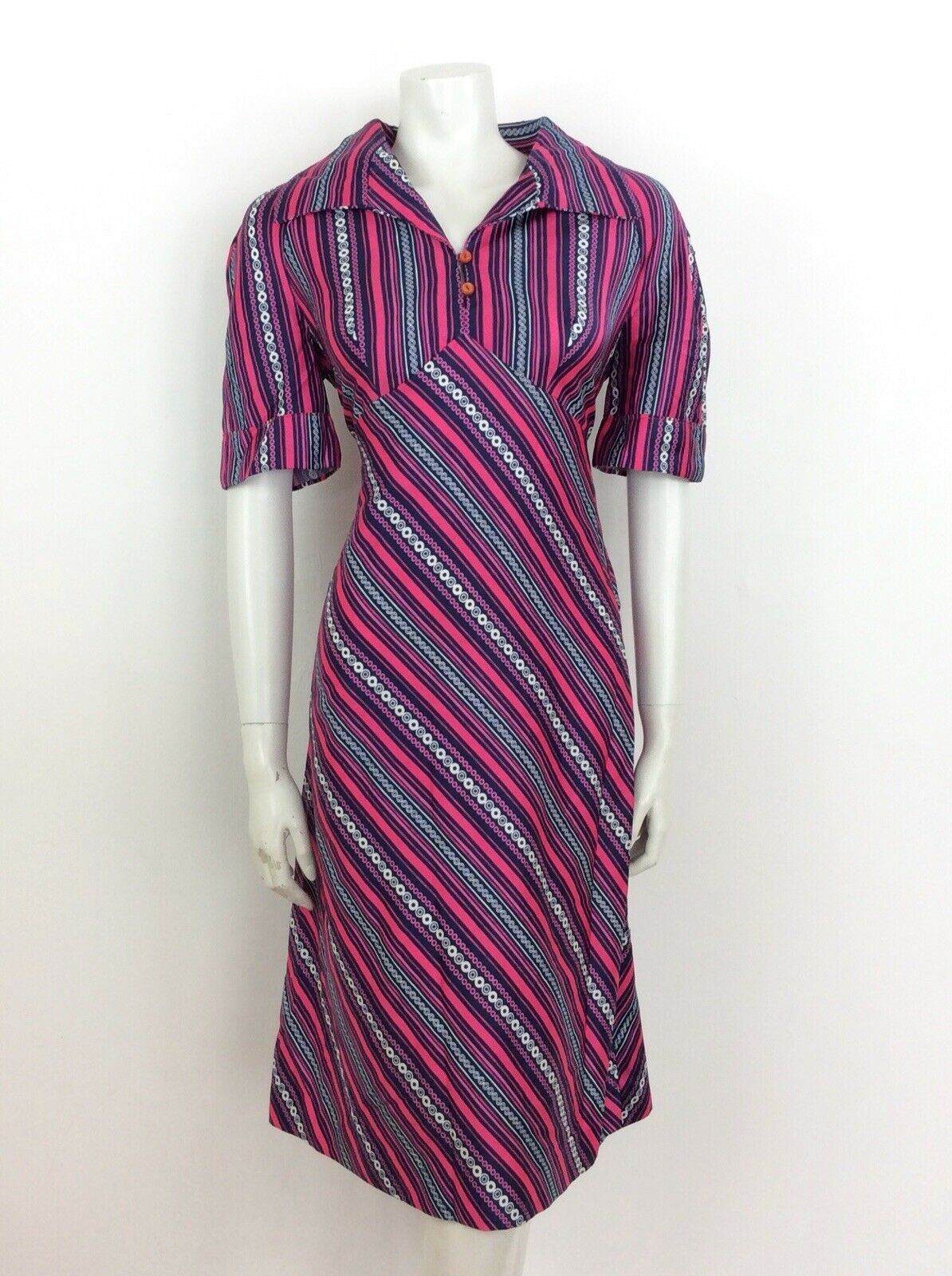 VINTAGE 60s 70s STRIPED CIRCLE GEOMETRIC SHIRT DRESS PINK BLUE WHITE 14