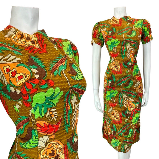 VINTAGE 60s 70s BROWN RED GREEN TROPICAL FLORAL MOD PUFF SLEEVE SHORT DRESS 10