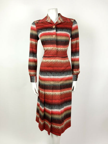 VTG 60s 70s RED BROWN WHITE BLACK STRIPED CHEVRON DOTTY DAGGER SHIRT DRESS 12 14