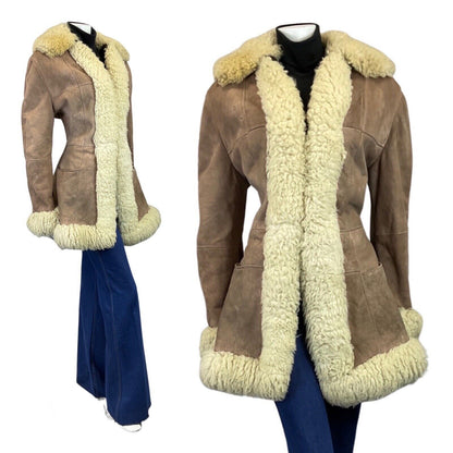 VINTAGE 60s 70s PEANUT BROWN CREAM SUEDE BOHO PENNY LANE SHEARLING COAT 14 16