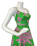 VINTAGE 60s 70s APPLE GREEN PINK FLORAL BLOSSOM SPAGHETTI STRAP MAXI DRESS 8