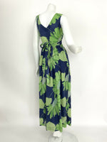 VTG 60s 70s NAVY BLUE LIME GREEN TEAL FLORAL LEAF GEOMETRIC WRAP MAXI DRESS 8