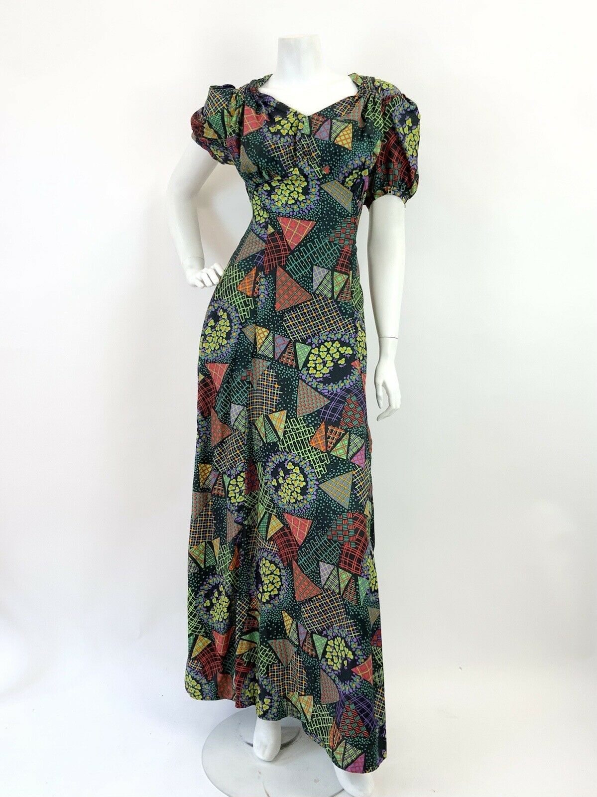 VINTAGE 60s 70s BLACK GREEN PURPLE PATCHWORK DAISY PSYCHEDELIC MAXI DRESS 10 12