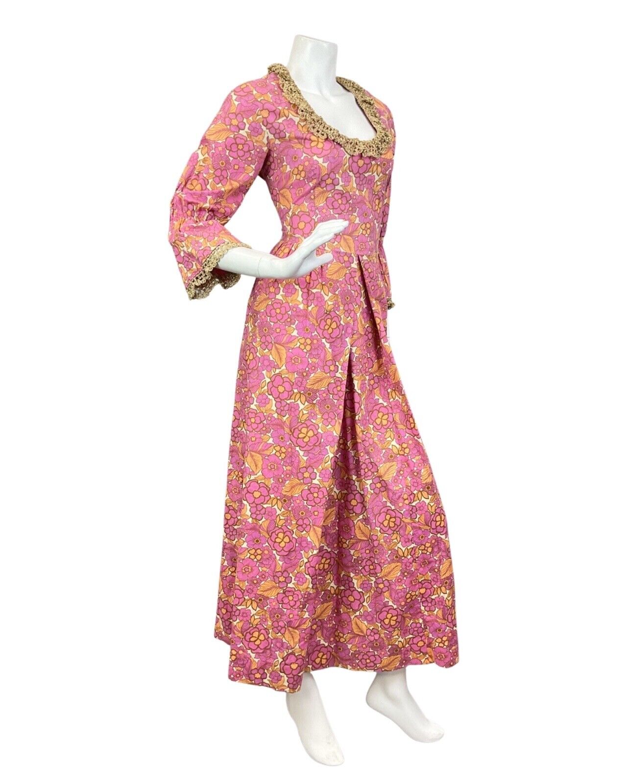 VINTAGE 60s 70s PINK GOLD ORANGE PSYCHEDELIC FLOWER FLOUNCE MOD MAXI DRESS 8 10