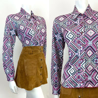 VINTAGE 60s 70s PURPLE WHITE GREEN BLACK GEOMETRIC AZTEC MOD DAGGER SHIRT 14 16