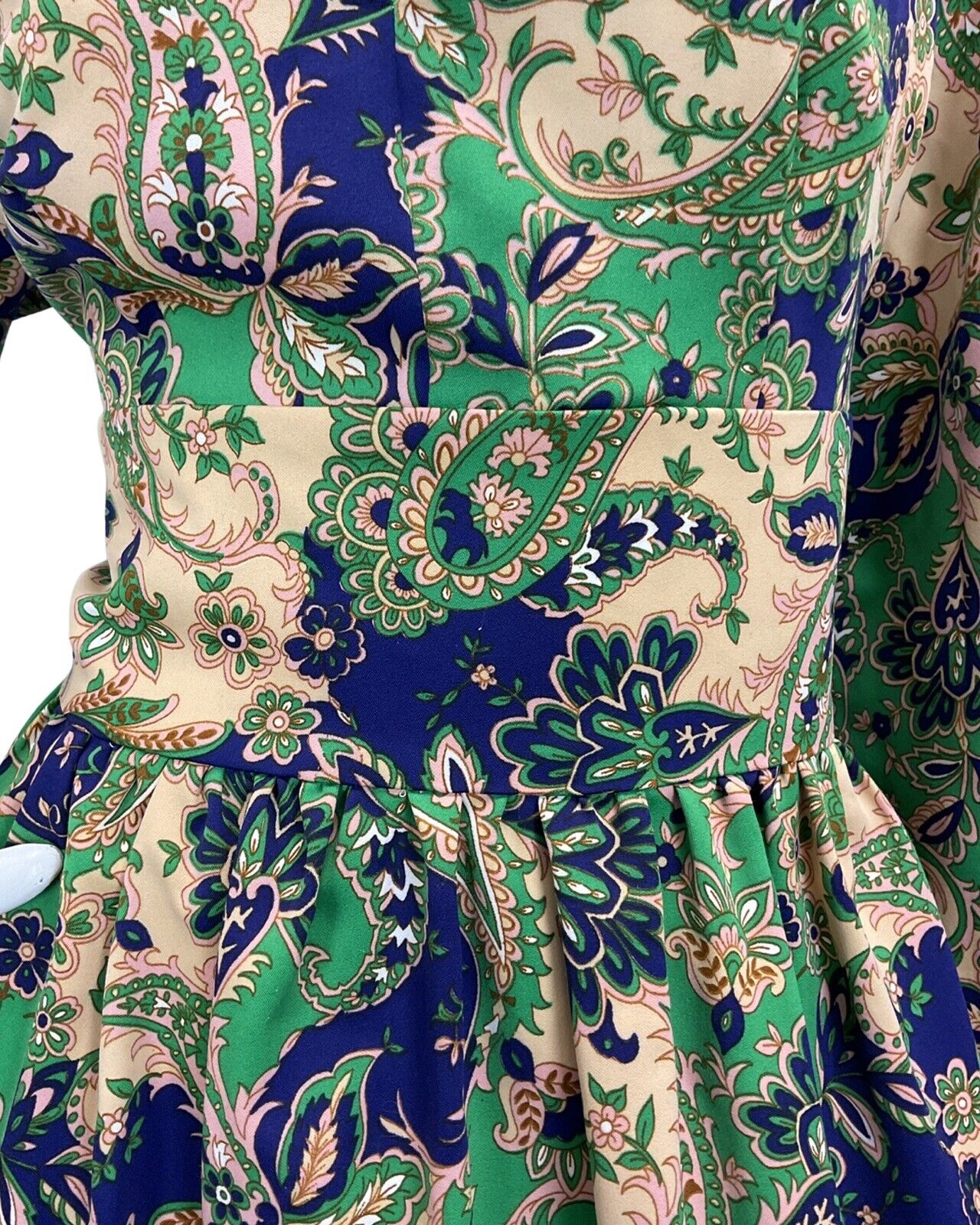 VINTAGE 60s 70s TAN GREEN BLUE FLORAL PAISLEY PRINT FOLK MAXI DRESS 14