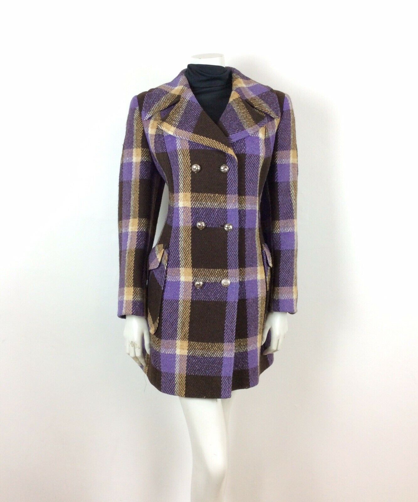 VTG 60s 70s DOUBLE-BREASTED PURPLE CREAM BROWN PLAID CHECK WOOL COAT 12 14 16