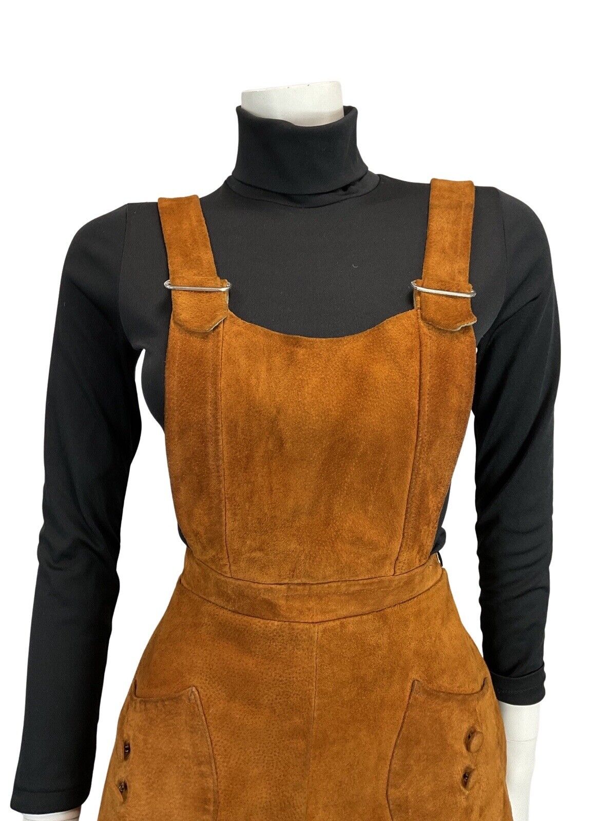 VINTAGE 60s 70s BROWN SUEDE PINAFORE BOHO MOD APRON DRESS 12