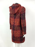 VINTAGE 70s 80S RED ORANGE GREEN CHECKED PLAID HOODED WOOL DUFFLE COAT 10 12