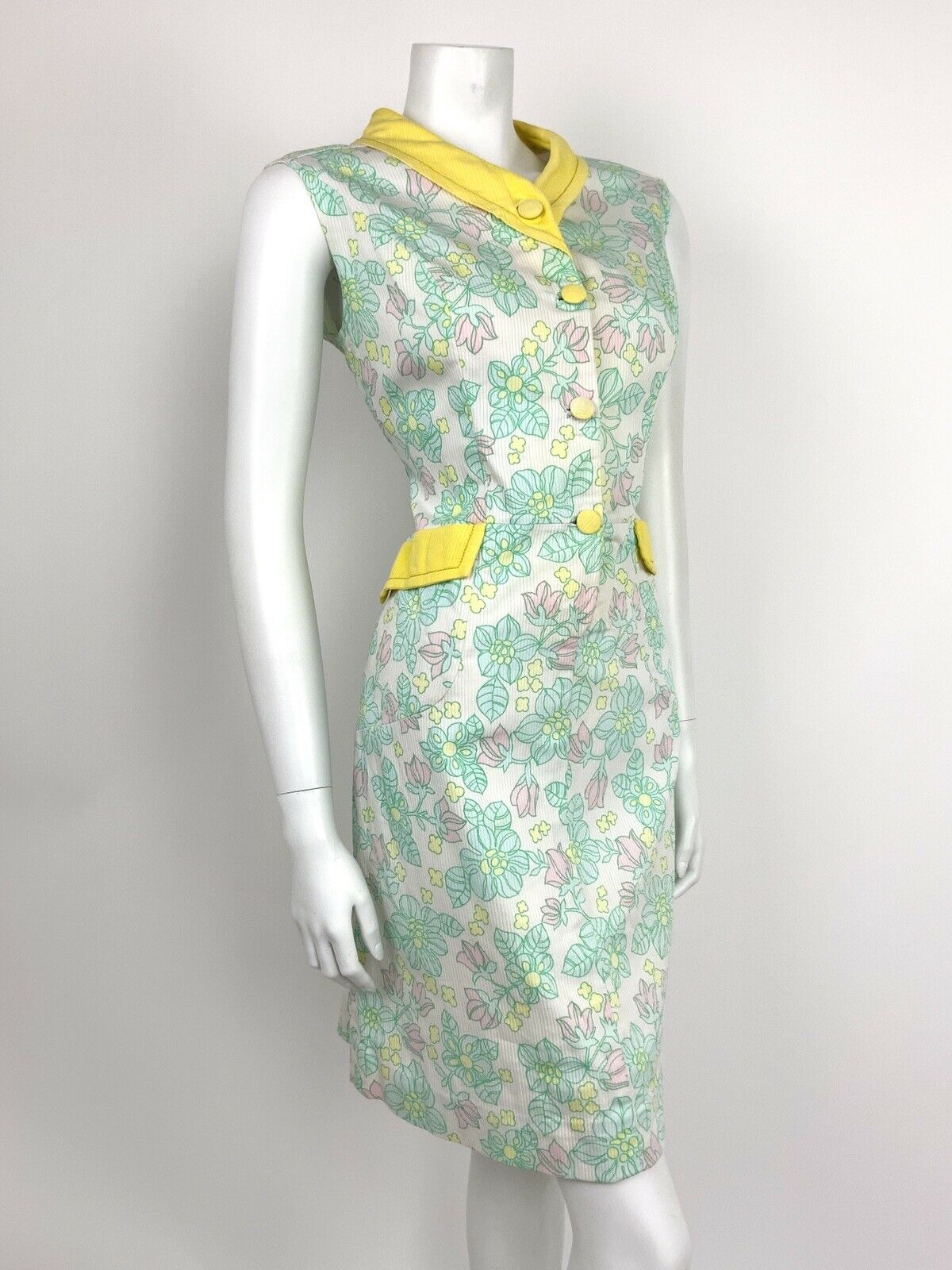 VINTAGE 60s 70s WHITE PASTEL PINK BLUE YELLOW FLORAL SHAWL SHEATH DRESS 10 12