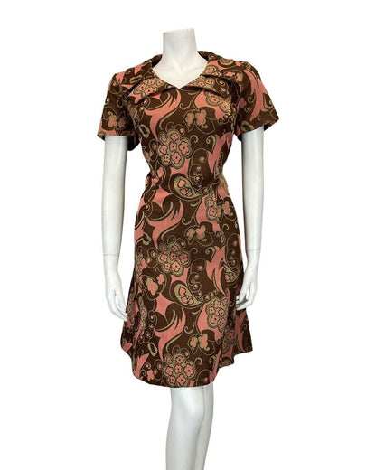 VTG 60s 70s BROWN PINK GOLD PSYCHEDELIC FLORAL MOD WING COLLAR SHIRT DRESS 12 14