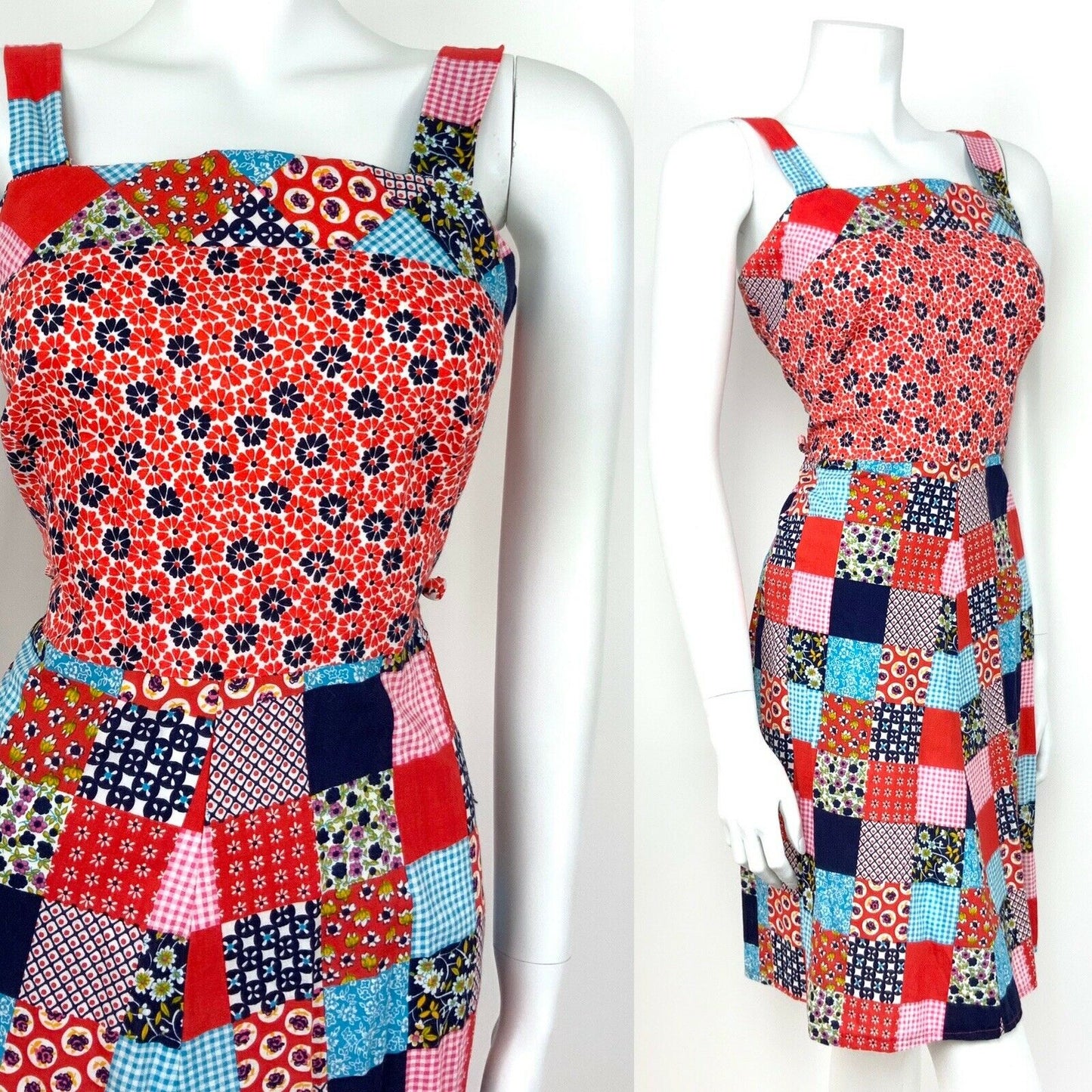 VTG 60s 70s RED BLUE WHITE PINK FLORAL PATCHWORK GINGHAM SUNDRESS GYPSY BOHO 10