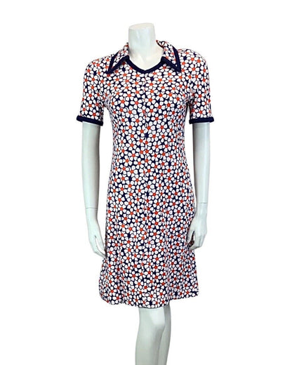 VINTAGE 60s 70s WHITE NAVY BLUE RED FLOWER DAISY MOD DAGGER SHIRT DRESS 8 10