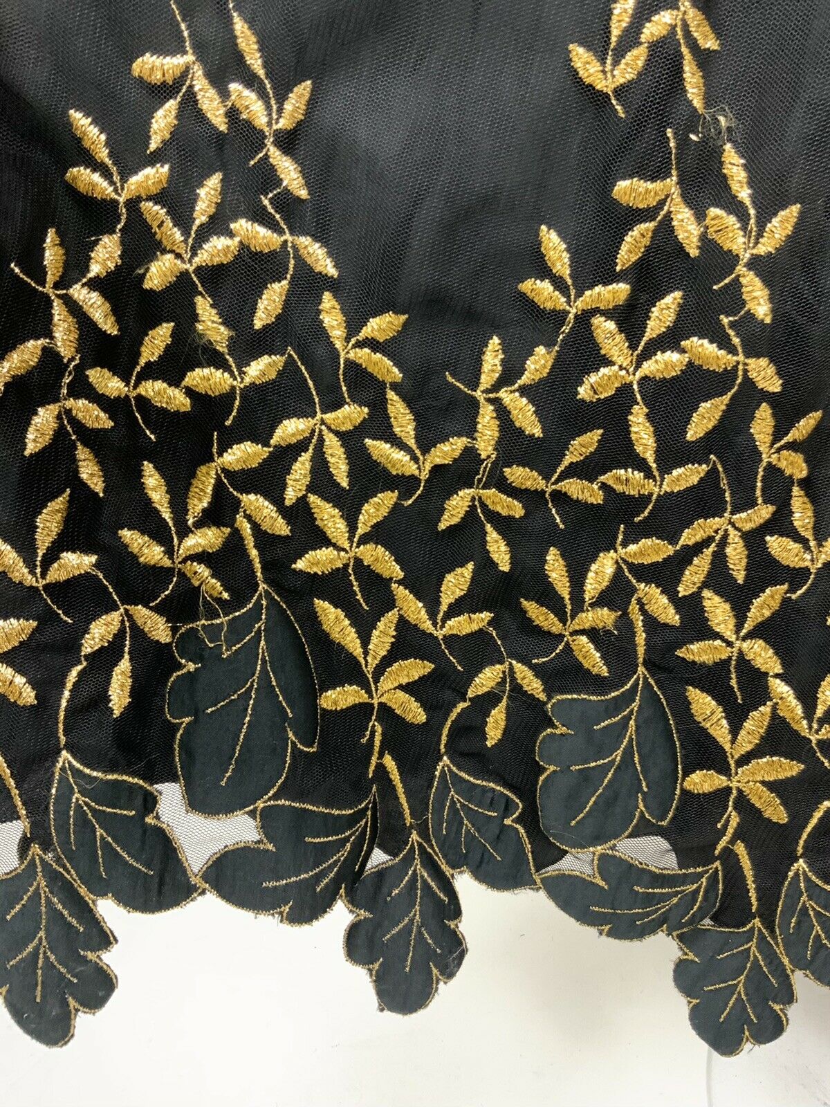 VINTAGE 60s 70s BLACK GOLD EMBROIDERED LEAF STUDIO 54 STRAPPY MESH MAXI DRESS 8