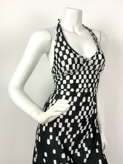 VINTAGE 60s 70s BLACK WHITE CHECKERBOARD GEOMETRIC STRAPPY MAXI DRESS 8 10