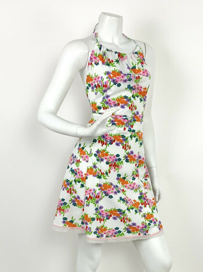 VINTAGE 60s 70s WHITE PINK ORANGE PURPLE GREEN FLORAL DAISY HALTER MINI DRESS 12