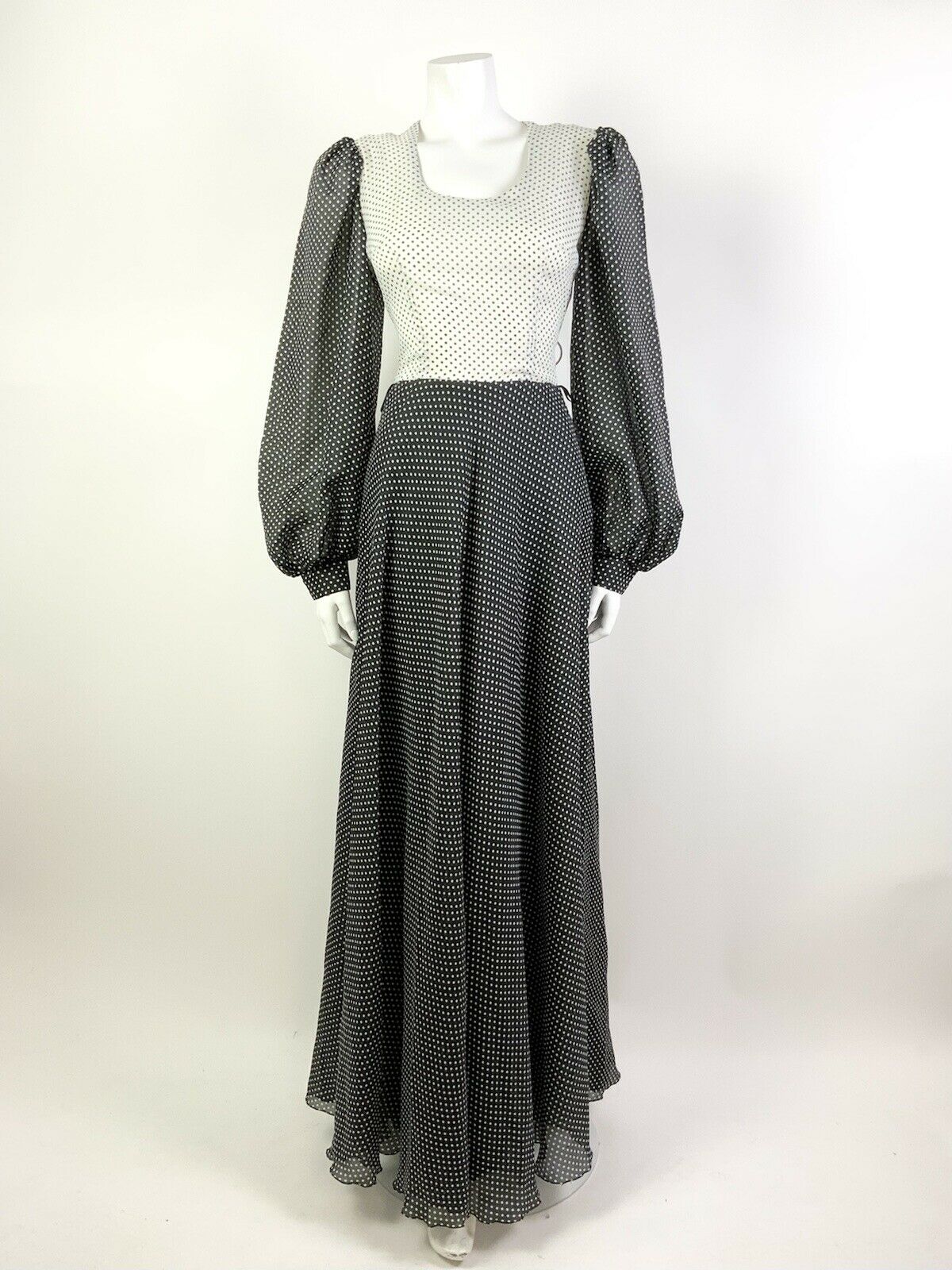 VINTAGE 60s 70s BLACK WHITE POLKA-DOT SHEER PUFF SLEEVE FLOATY MAXI DRESS 8