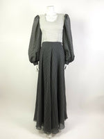 VINTAGE 60s 70s BLACK WHITE POLKA-DOT SHEER PUFF SLEEVE FLOATY MAXI DRESS 8