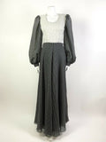 VINTAGE 60s 70s BLACK WHITE POLKA-DOT SHEER PUFF SLEEVE FLOATY MAXI DRESS 8