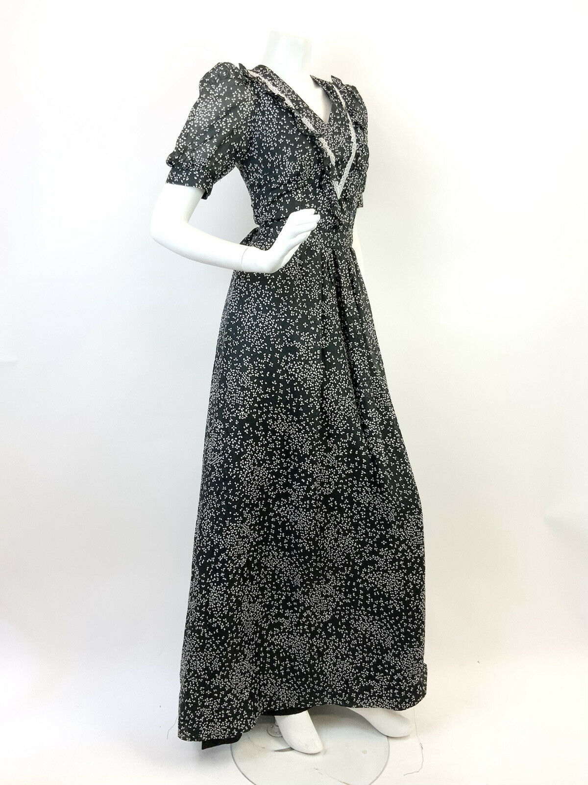 VINTAGE 60s 70s BLACK WHITE DITSY PUFF SLEEVE BOHO PRAIRIE SHEER MAXI DRESS 6 8