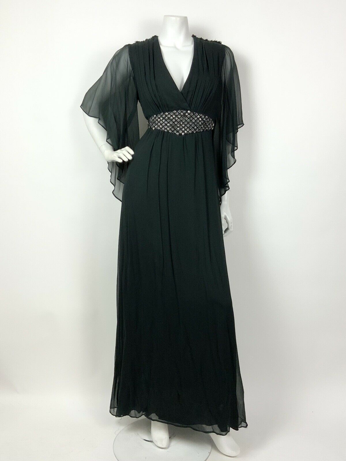 VTG 60s 70s BLACK SILVER BEADED SEQUIN ANGEL WING SHEER PLUNGE MAXI DRESS 8 10