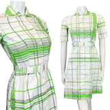 VINTAGE 60s 70s WHITE GREEN BLACK CHECKED GRID BELTED SHIRT DRESS 6 8