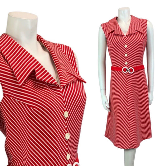 VINTAGE 60s 70s RED WHITE STRIPED DAGGER COLLAR SLEEVELESS MIDI SHIRT DRESS 14