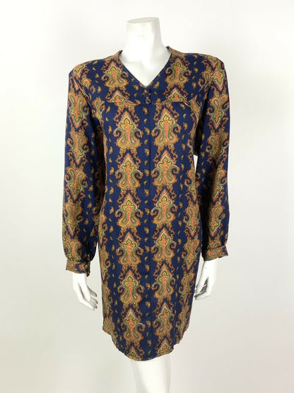 VINTAGE 60s 70s BLUE ORANGE YELLOW BROWN PAISLEY FLORAL SHIFT DRESS 14 16