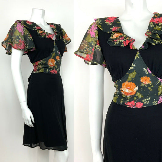 VINTAGE 60s 70s BLACK FLORAL DRESS A-LINE RUFFLE GREEN ORANGE RED 8 10