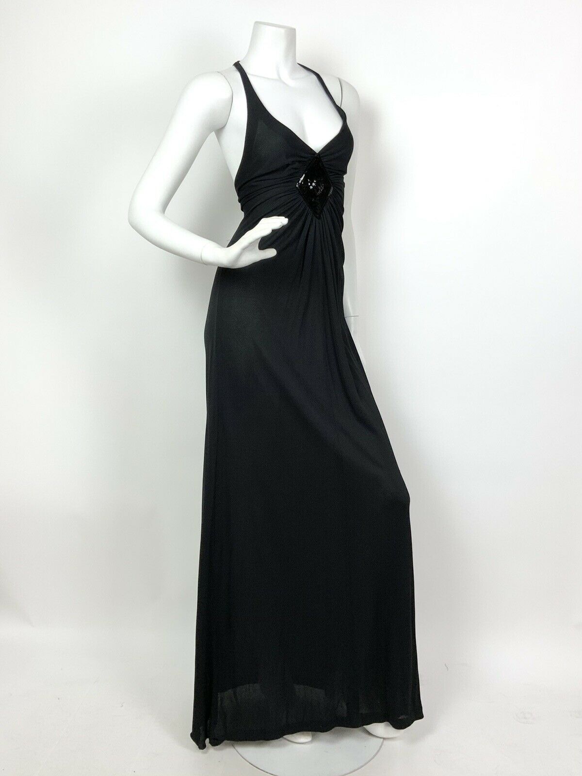 VINTAGE 60s 70s BLACK SEQUIN STRAPPY DISCO GLAM MAXI DRESS 12 14