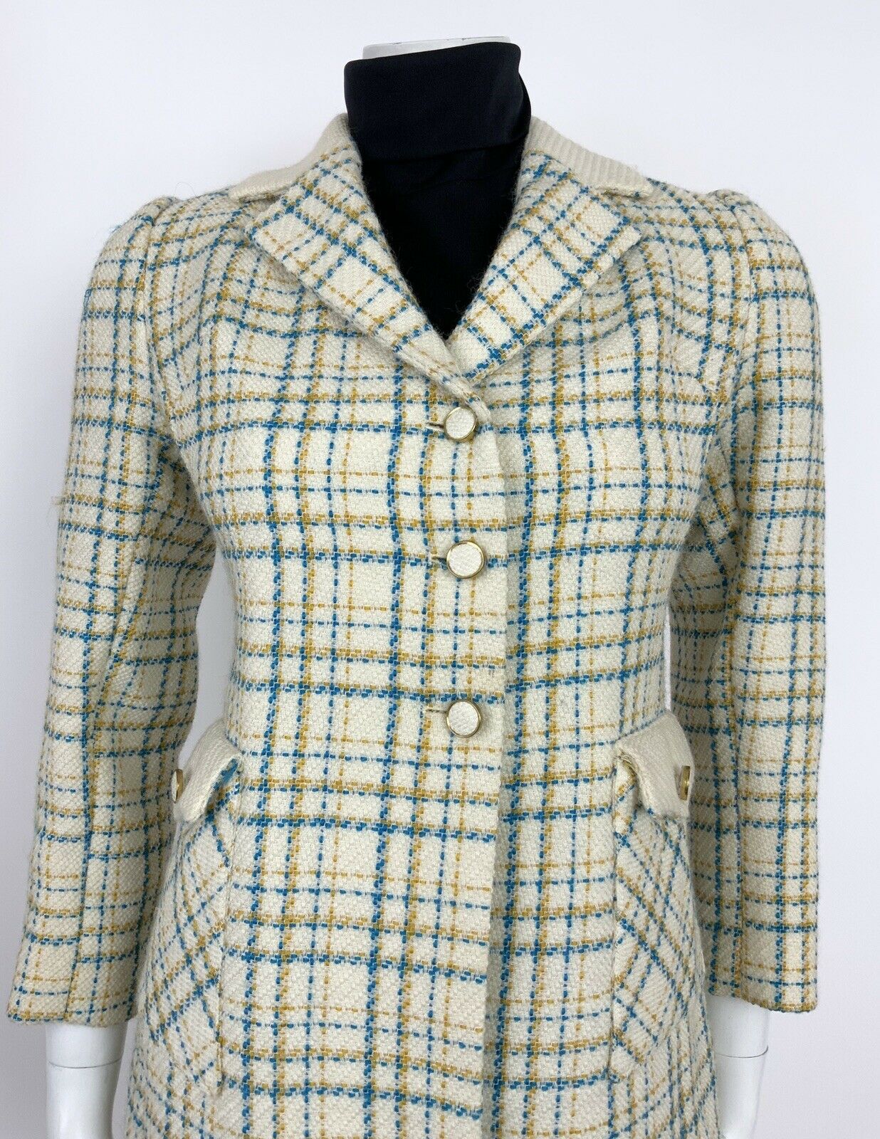 VTG 60s 70s MOD CREAM BLUE YELLOW GOLD PLAID CHECKED WOOL JACKET COAT 10