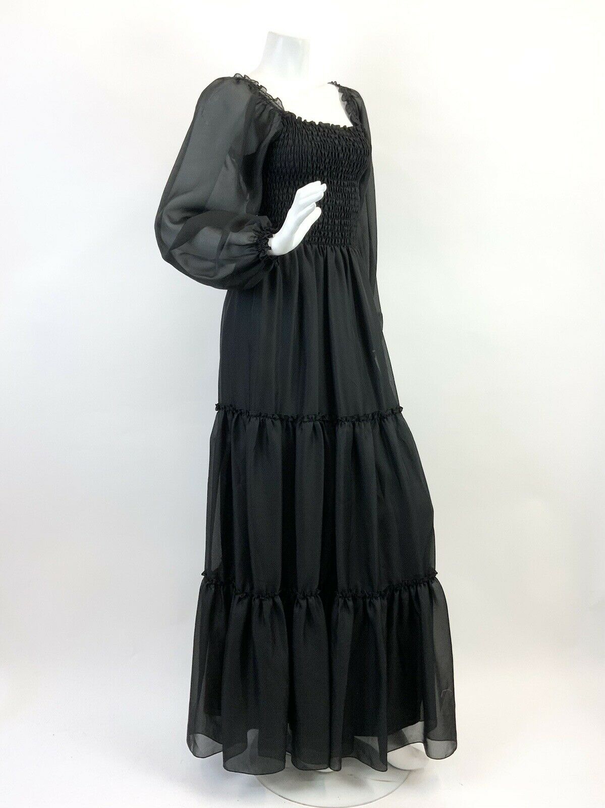 VINTAGE 60s 70s BLACK SHEER PUFF SLEEVE SHIRRED BOHO FOLK MAXI DRESS 4 6